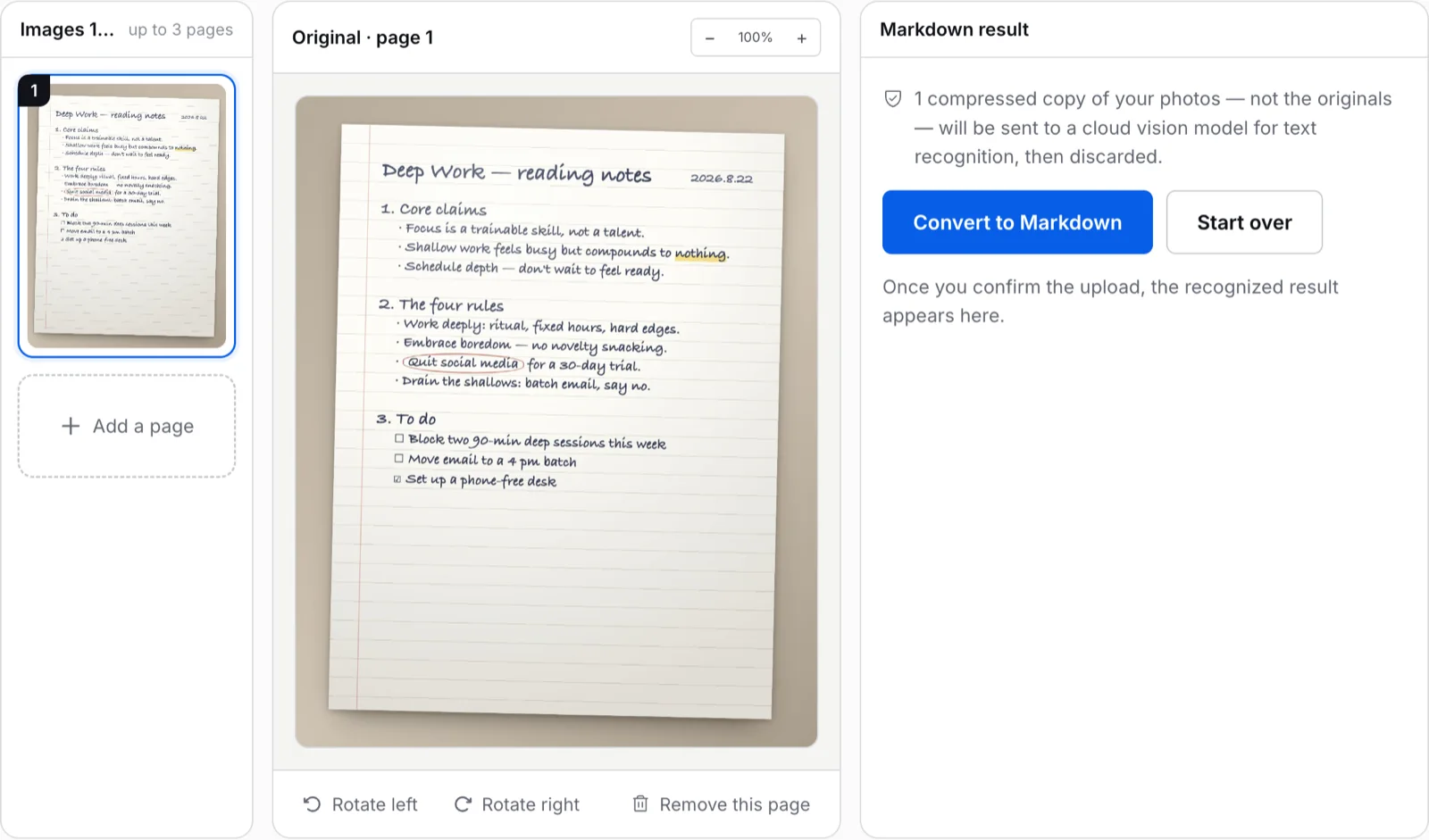 Image to Markdown workbench screenshot with the page stack, the original handwritten photo, and the Markdown result column awaiting confirmation